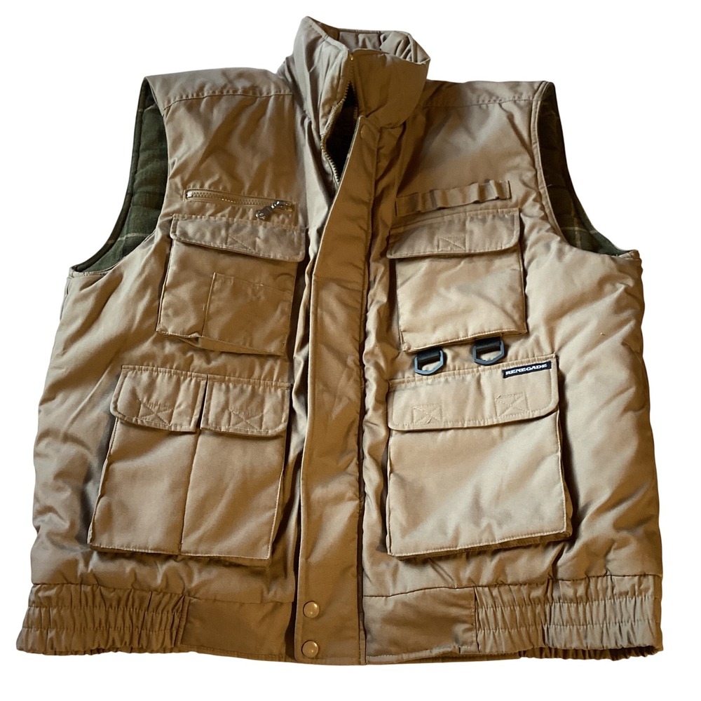 Renegade Mens Utility Tactical Fishing Vest Tan Khaki Multi-Pocket Plaid Lined L